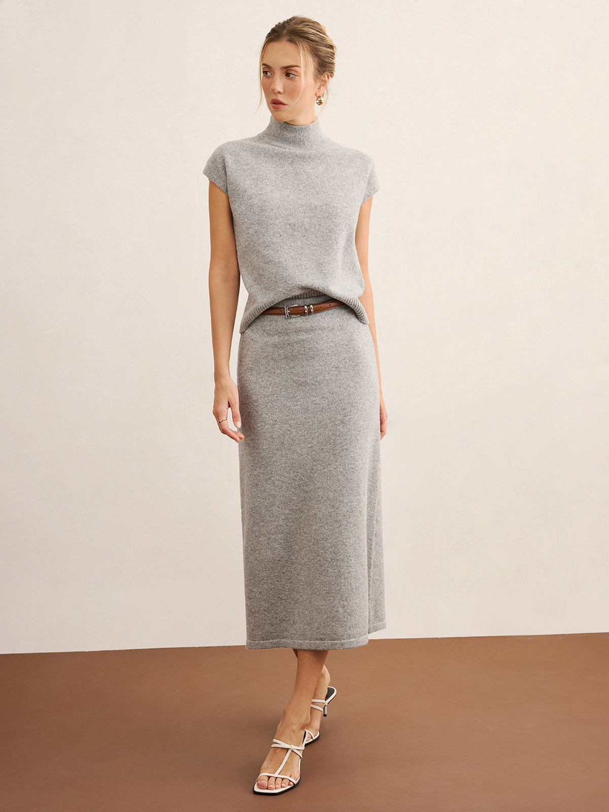 Falvicci - Mock Neck Knit Top & Midi Skirt Set without Belt