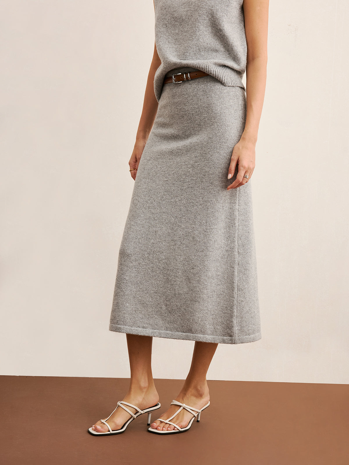 Falvicci - Mock Neck Knit Top & Midi Skirt Set without Belt