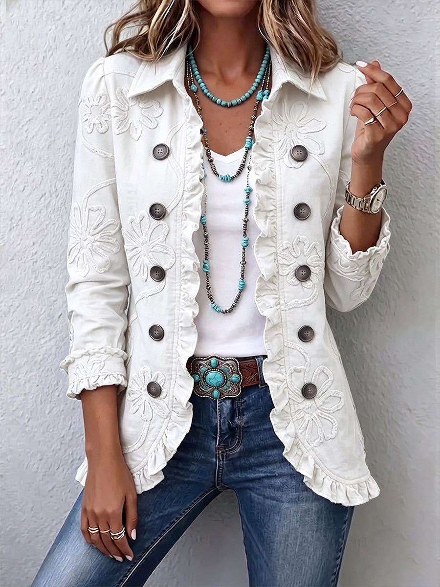 Falvicci - Vestito Boho-Chic Ricamato con Fiori Avorio e Finiture Arricciate