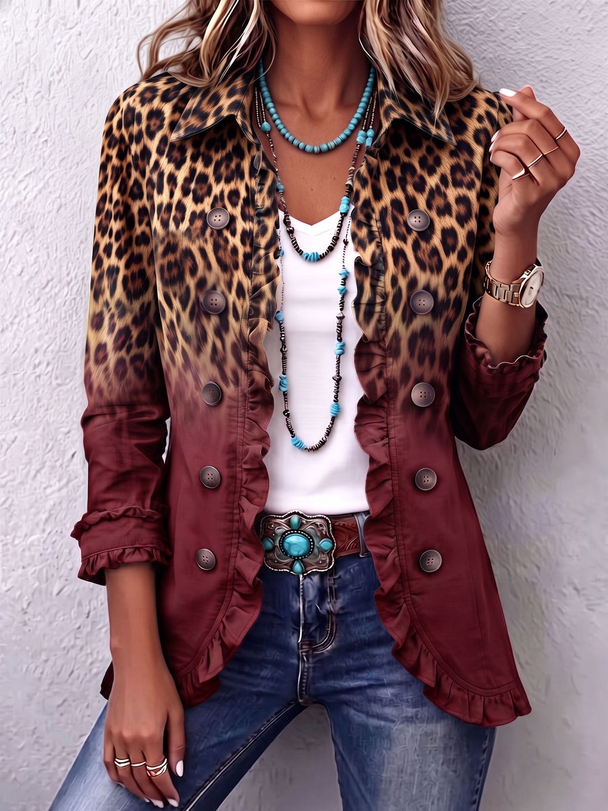 Falvicci - Blazer Leopardo Sfumato Vinaccia con Volant